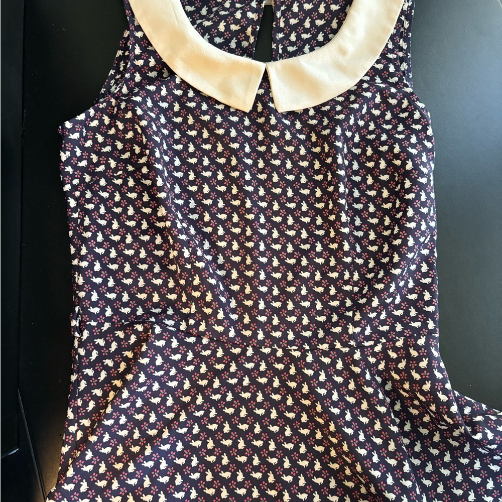 Source Unknown Navy Blouse with Cream Peter Pan Collar and White Bunny Print